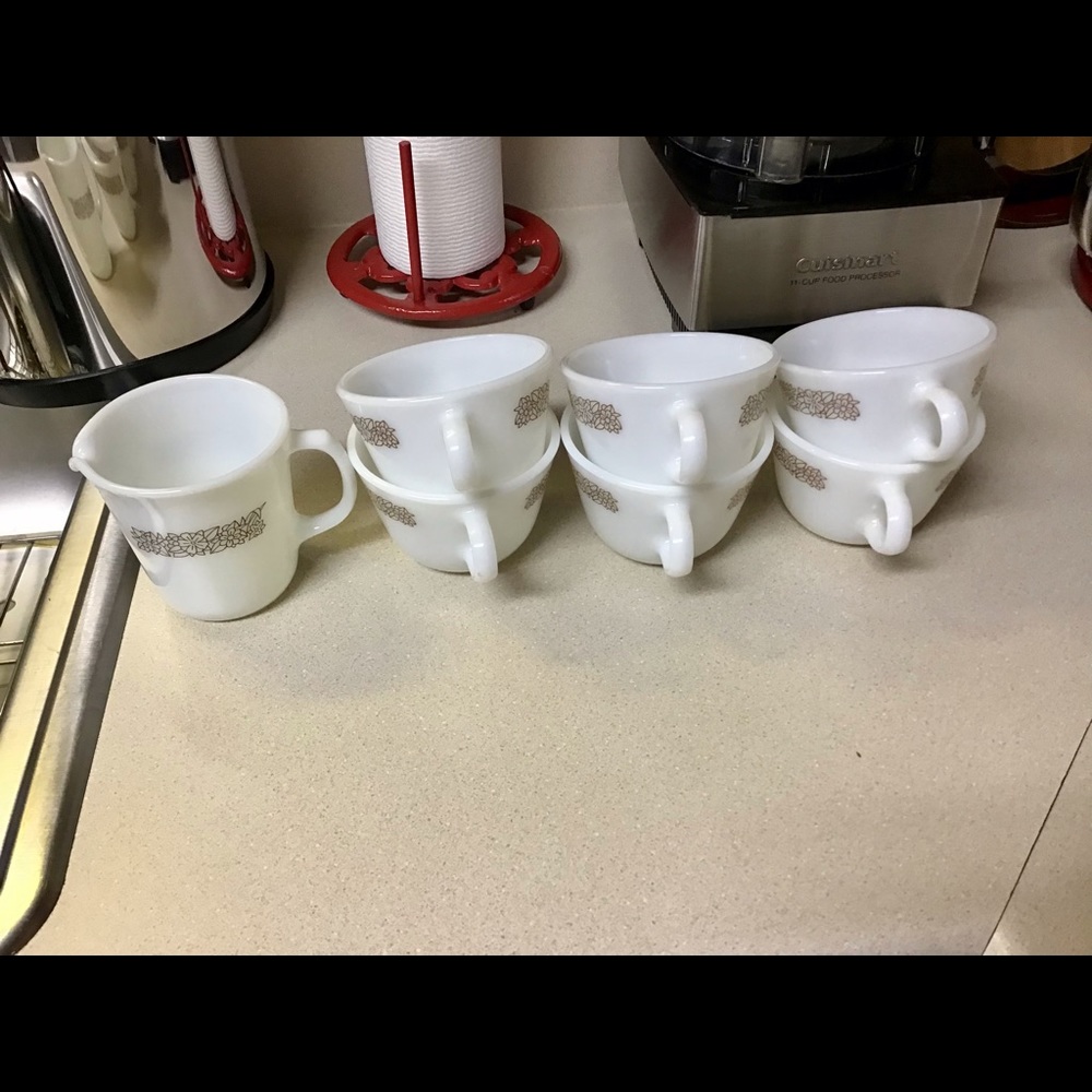 Vintage Pyrex Woodland Brown mugs and milk pitcher-made in USA